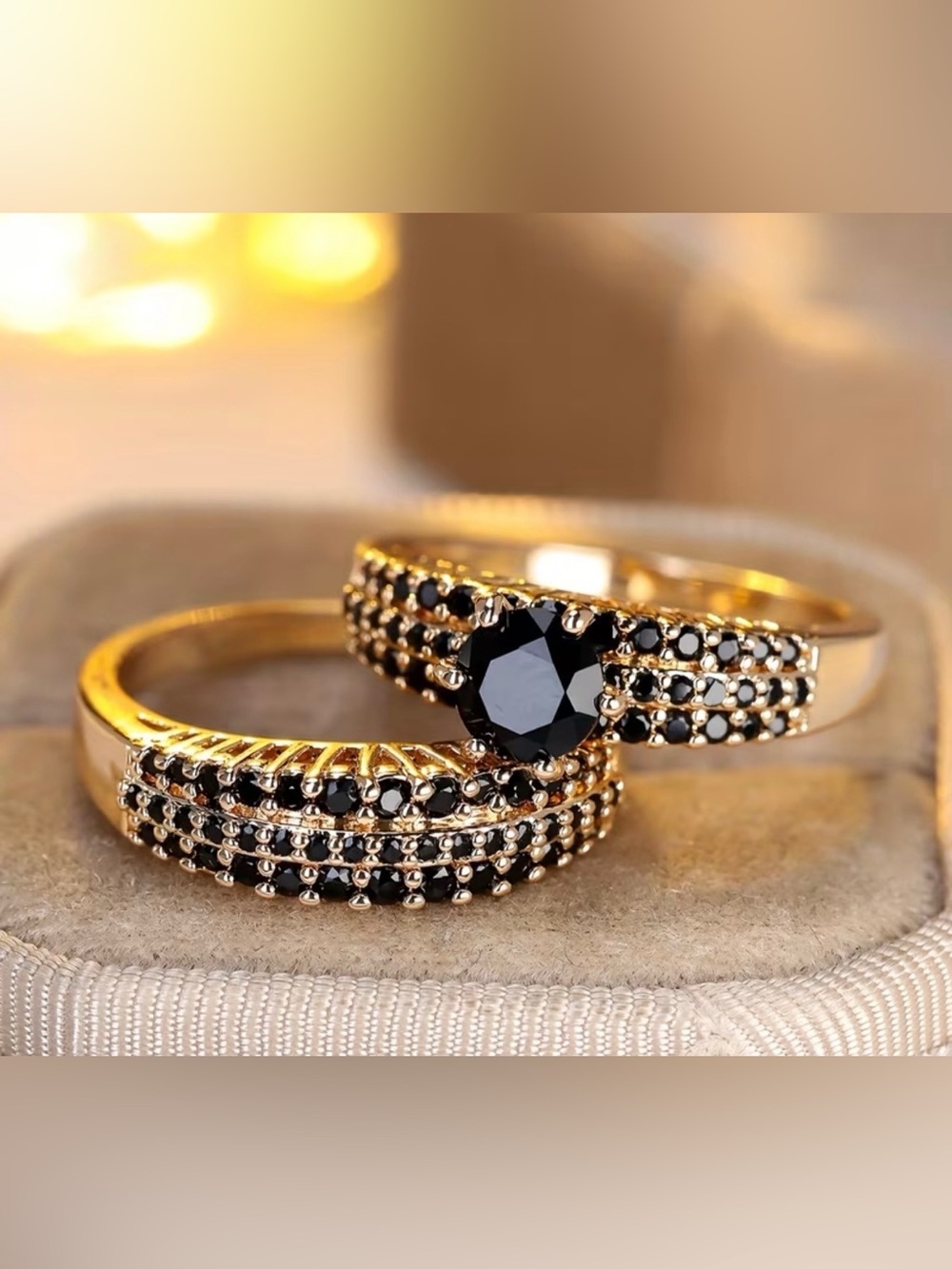 Macy’s Elegant Black Stone Gold Ring Set Size 9 Women Jewelry NWOT